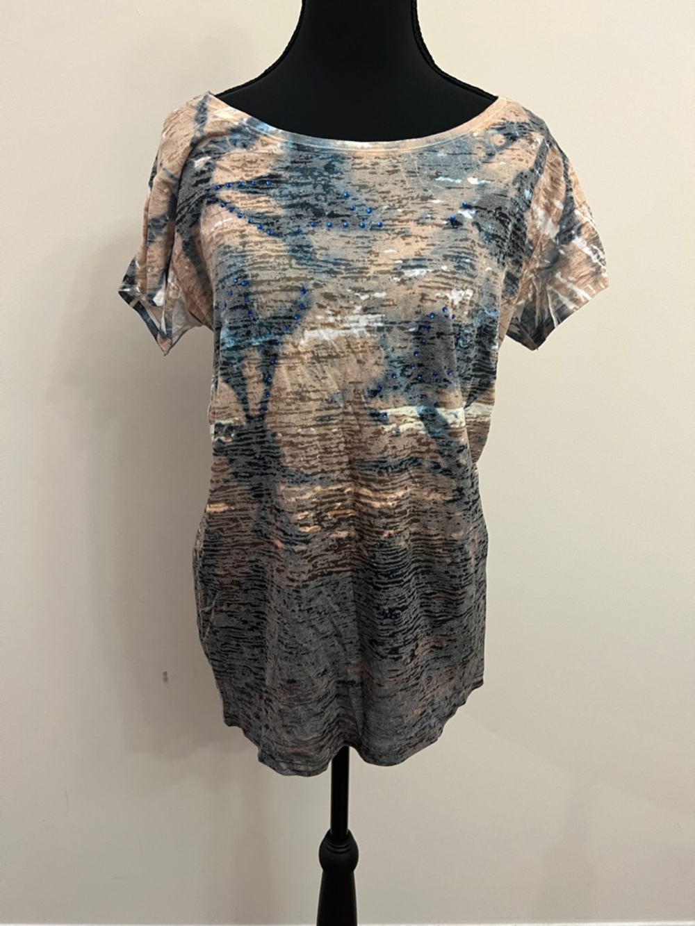 Cache Blue and Tan Scoop Neck Short Sleeve Top